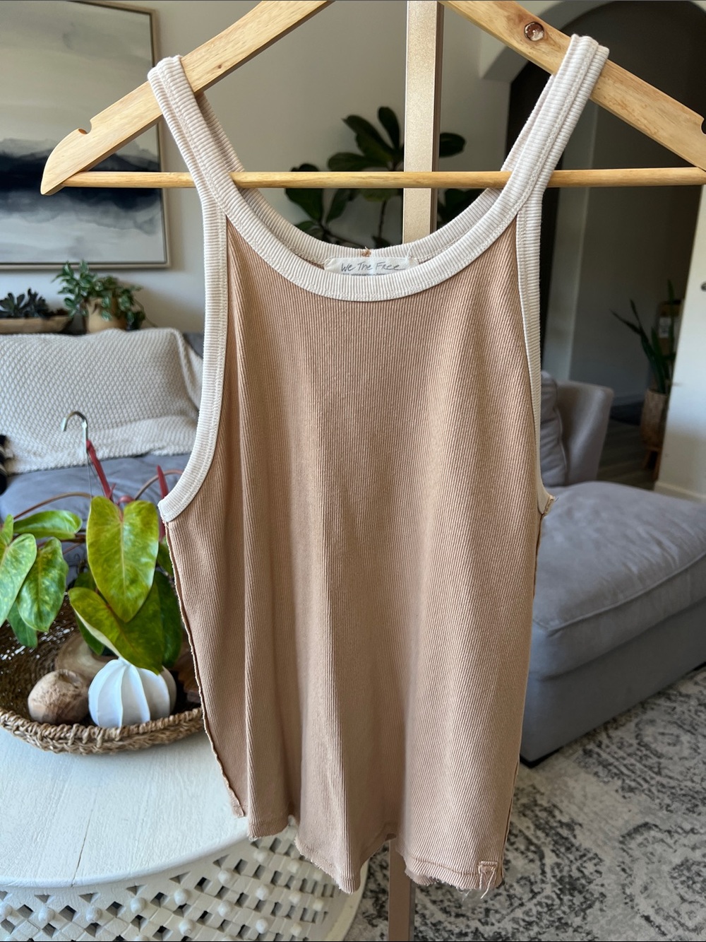We The Free Tan Ribbed Tank with Cream Trim Accents